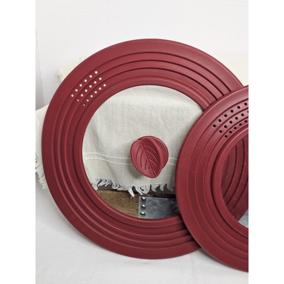 Universal Silicone Red Heat Resistant Clear Glass Lids Leaf Designed Handles - Picture 2 of 7